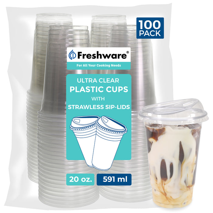 Freshware Plastic Clear Cup with Sip Lids (20 oz , 100 Sets)