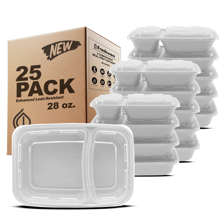 Freshware 32oz PP Plastic Rectangular Food Containers with Lids, 2-Compartment