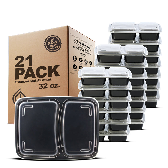 Freshware 32oz PP Plastic Rectangular Food Containers with Lids, 2-Compartment
