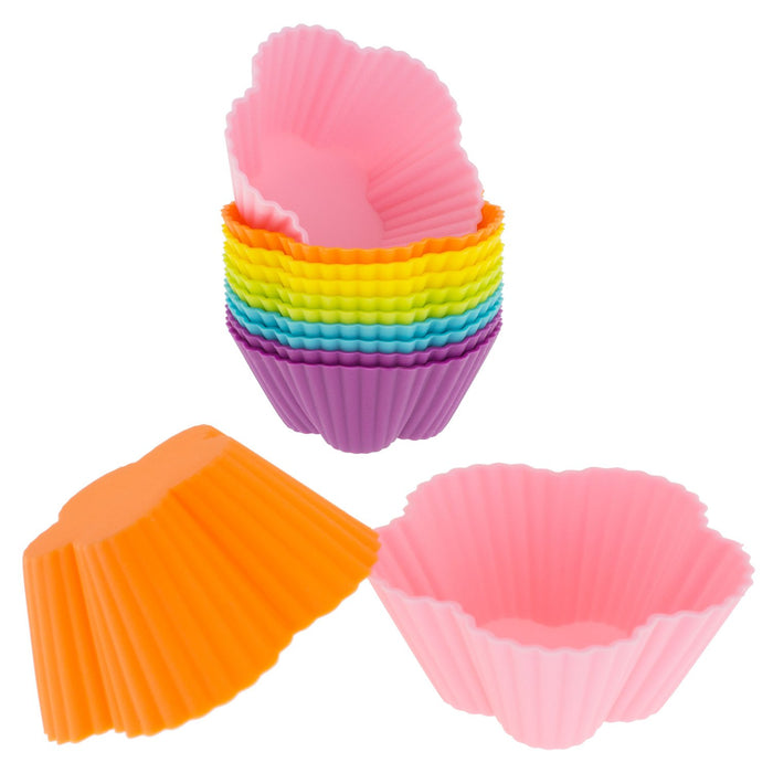 Freshware Silicone Baking Cups [12-Pack] Reusable Cupcake Liners Non-Stick Muffin Cups Cake Molds Cupcake Holder in 6 Rainbow Colors, Cherry Flower