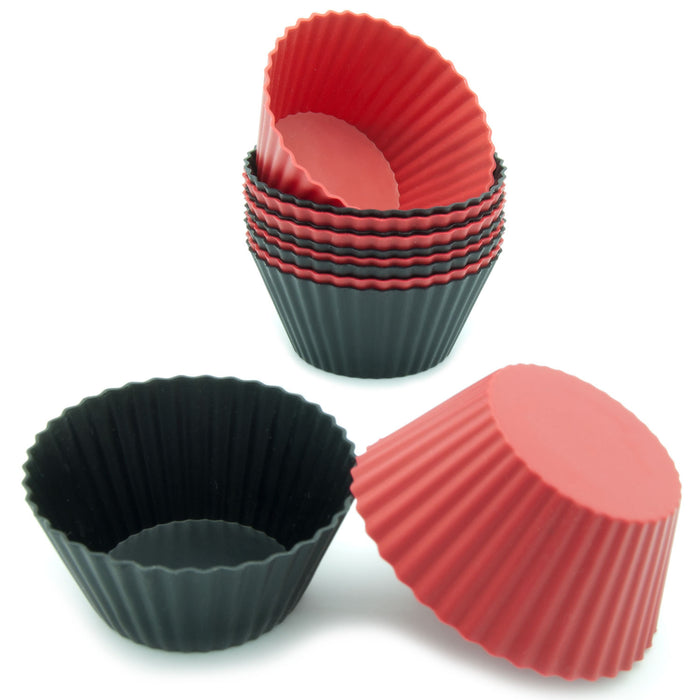 12-Pack Silicone Standard Round Reusable Baking Cup, Black and Red Colors