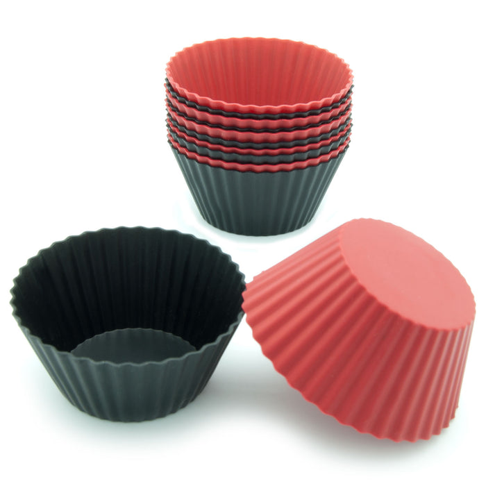 12-Pack Silicone Standard Round Reusable Baking Cup, Black and Red Colors