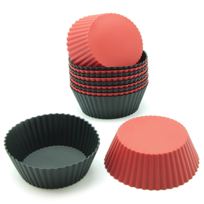 12-Pack Silicone Mini Round Reusable Baking Cup, Black and Red Colors
