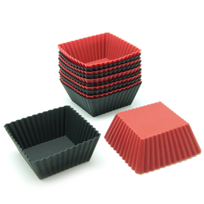 12-Pack Silicone Square Reusable Baking Cup, Black and Red Colors