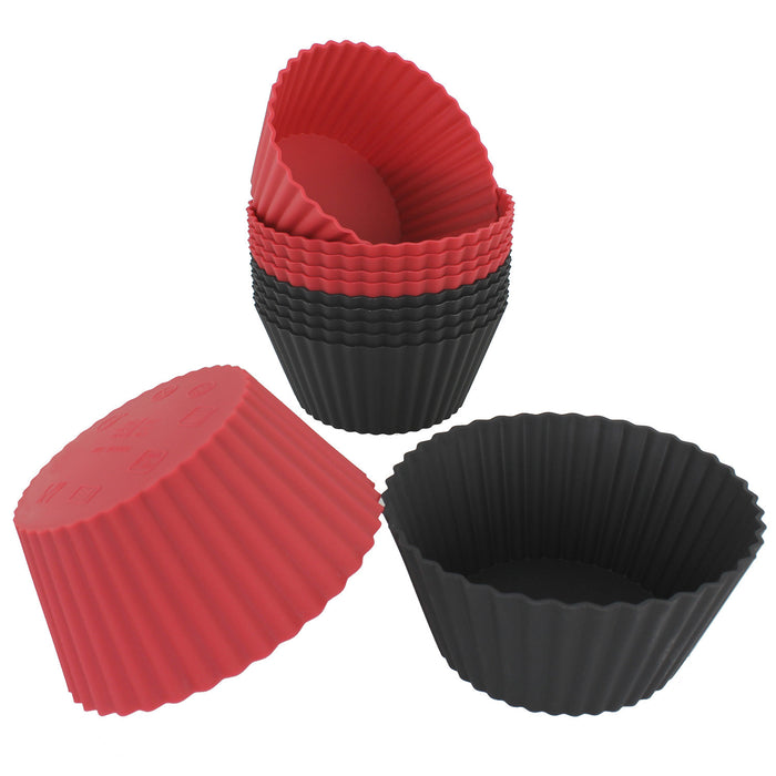 12-Pack Silicone Jumbo Round Reusable Cupcake and Muffin Baking Cup, Black and Red Colors