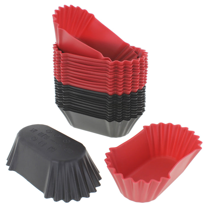 24-Pack Silicone Jumbo Rectangle Round Reusable Cupcake and Muffin Baking Cup, Black and Red Colors