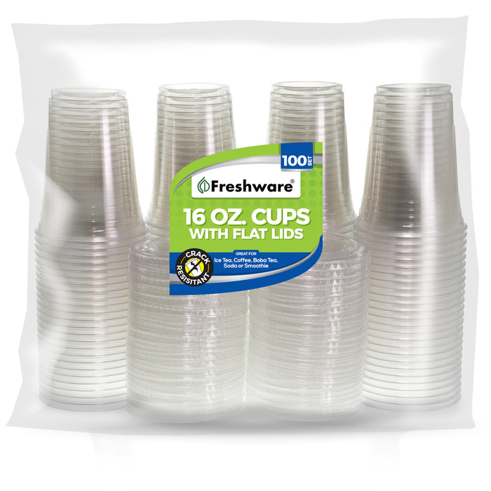 Freshware Clear Plastic Cups with Flat Lids (16oz, 100 Sets)