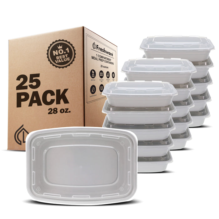 Freshware 28oz PP Plastic Microwavable Rectangular Food Containers with Lids, 1-Compartment