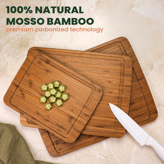 Reversible Carbonized Bamboo Cutting Board Set with Juice Groove & Stand, 3-Piece