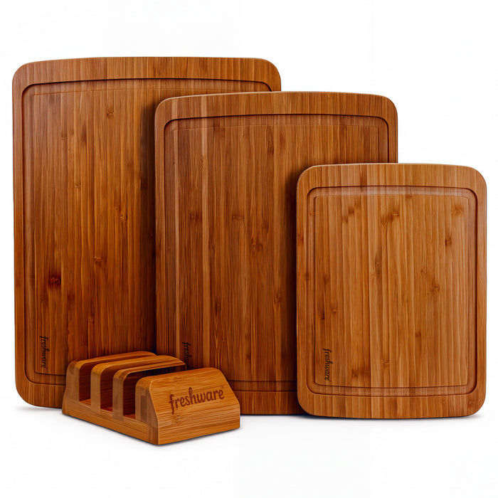 Reversible Carbonized Bamboo Cutting Board Set with Juice Groove & Stand, 3-Piece