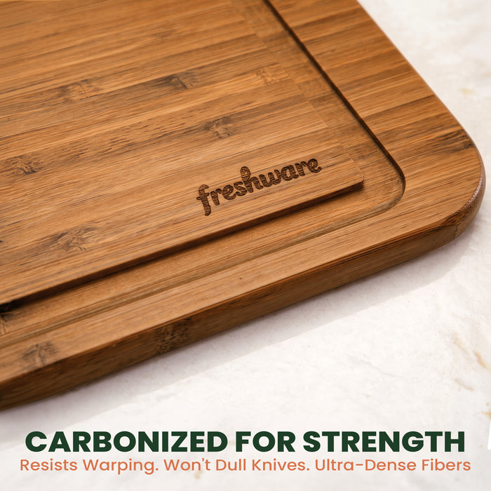 Reversible Carbonized Bamboo Cutting Board Set with Juice Groove & Stand, 3-Piece