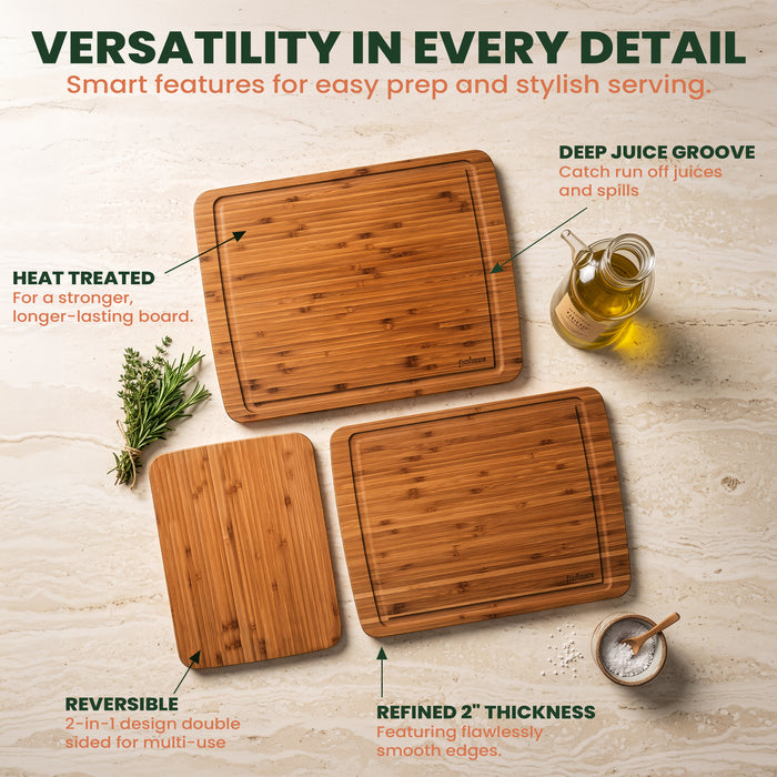 Reversible Carbonized Bamboo Cutting Board Set with Juice Groove & Stand, 3-Piece