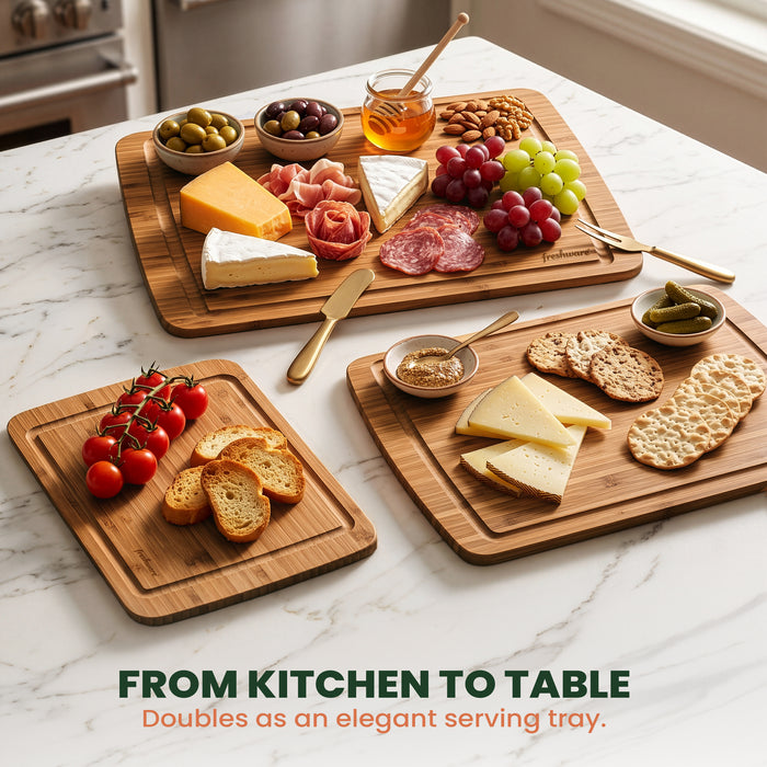 Reversible Carbonized Bamboo Cutting Board Set with Juice Groove & Stand, 3-Piece