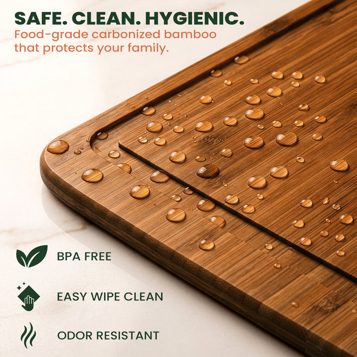 Reversible Carbonized Bamboo Cutting Board Set with Juice Groove & Stand, 3-Piece