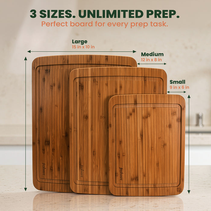 Reversible Carbonized Bamboo Cutting Board Set with Juice Groove & Stand, 3-Piece