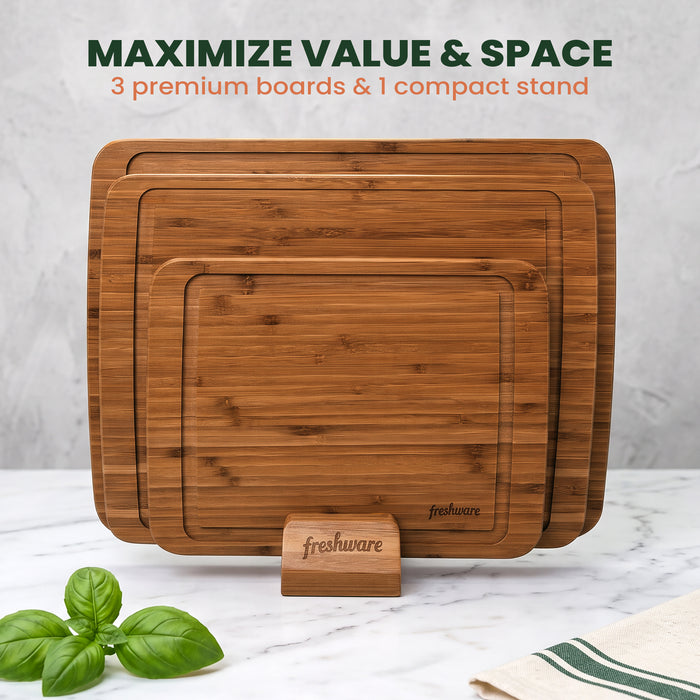 Reversible Carbonized Bamboo Cutting Board Set with Juice Groove & Stand, 3-Piece