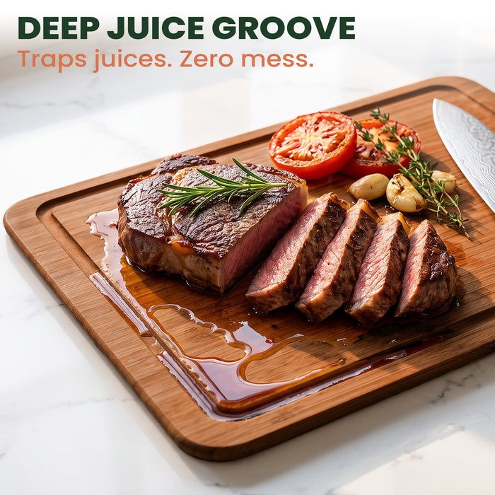 Reversible Carbonized Bamboo Cutting Board Set with Juice Groove & Stand, 3-Piece