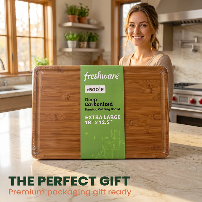 Extra-Large Carbonized Bamboo Cutting Board with Juice Groove & Handles, 18 × 12.5 in