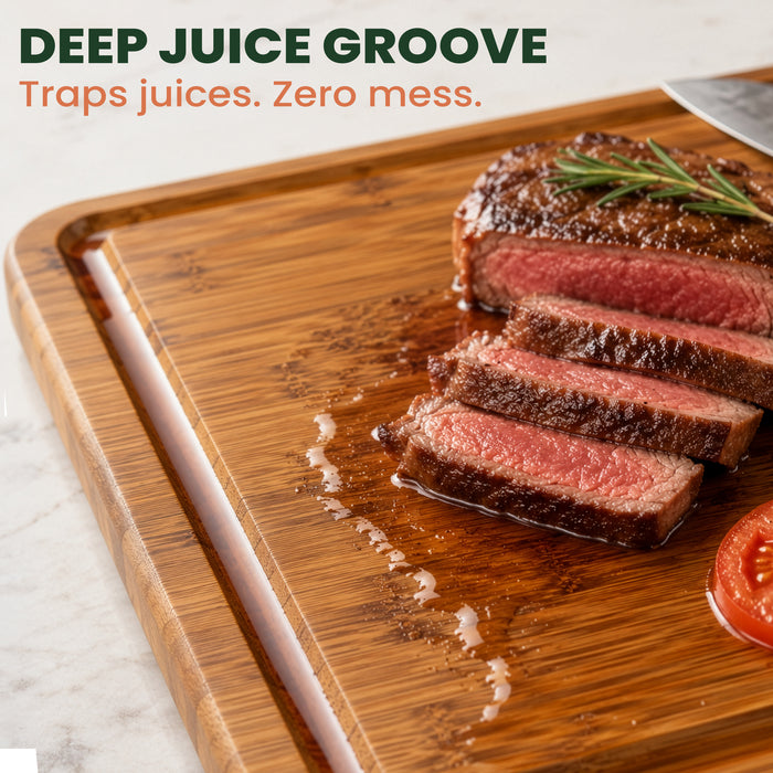 Extra-Large Carbonized Bamboo Cutting Board with Juice Groove & Handles, 18 × 12.5 in
