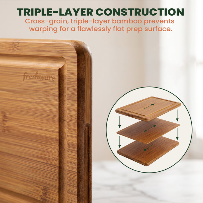 Extra-Large Carbonized Bamboo Cutting Board with Juice Groove & Handles, 18 × 12.5 in