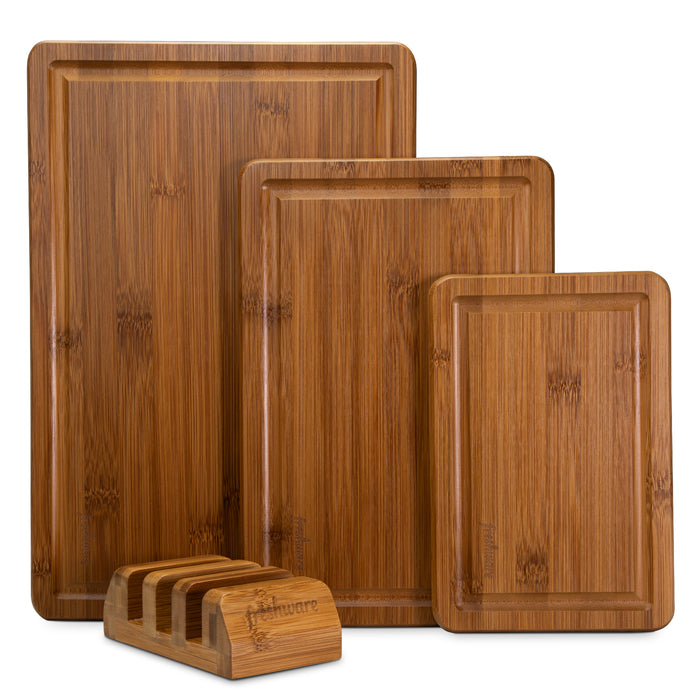 Carbonized Bamboo Cutting Board Set with Stand, 3-Piece