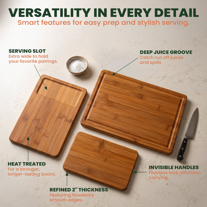 Carbonized Bamboo Cutting Board Set with Stand, 3-Piece