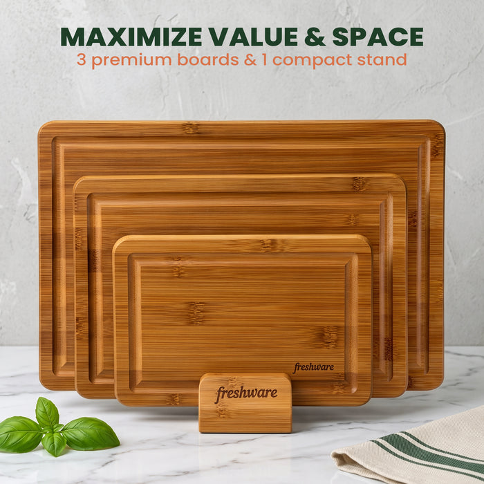 Carbonized Bamboo Cutting Board Set with Stand, 3-Piece