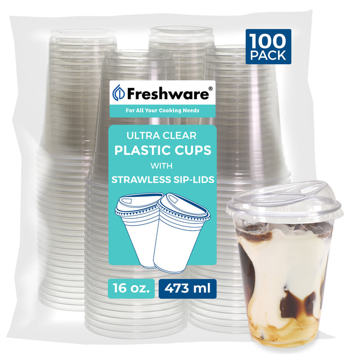 Freshware Plastic Clear Cup with Sip Lids (16 oz , 100 Sets)