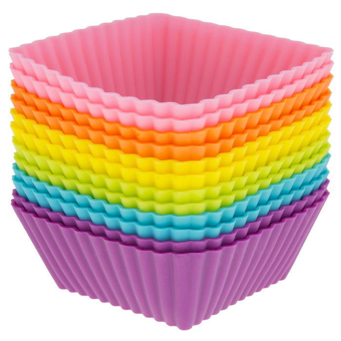 Freshware Silicone Baking Cups [12-Pack] Reusable Cupcake Liners Non-Stick Muffin Cups Cake Molds Cupcake Holder in 6 Rainbow Colors, Medium Square