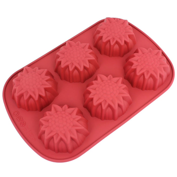Silicone Molds [Sun Flower, 6 Cup] Cupcake Baking Pan - Free Paper Muffin Cups - Non Stick, BPA Free, 100% Silicon & Dishwasher Safe Silicon Bakeware Tin - Kitchen Rubber Tray & Soap Molds