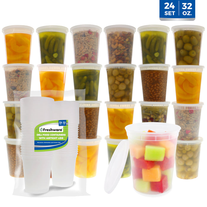 Freshware 32oz PP Plastic Injection Molded Deli Containers with Lids, 24 Pack