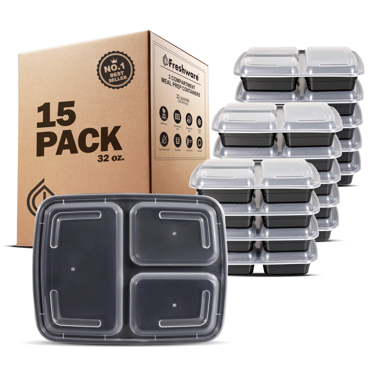 Freshware 32oz PP Plastic Rectangular Food Containers with Lids, 3-Com