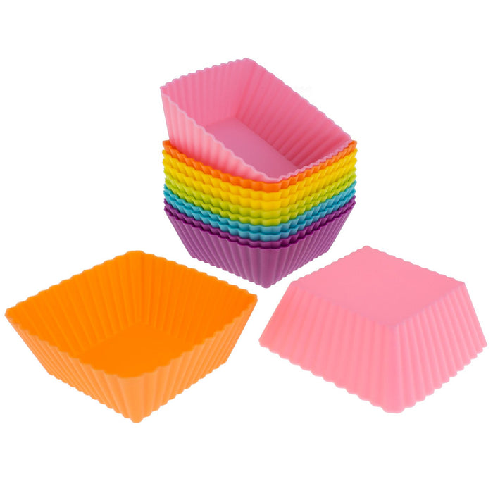 Freshware Silicone Baking Cups [12-Pack] Reusable Cupcake Liners Non-Stick Muffin Cups Cake Molds Cupcake Holder in 6 Rainbow Colors, Medium Square