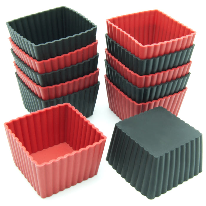 12-Pack Silicone Mini Square Reusable Baking Cup, Black and Red Colors
