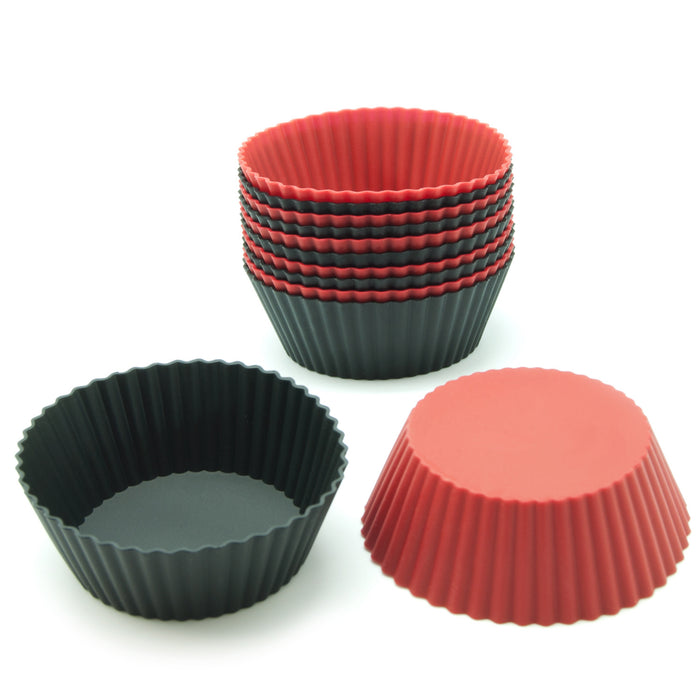 12-Pack Silicone Mini Round Reusable Baking Cup, Black and Red Colors