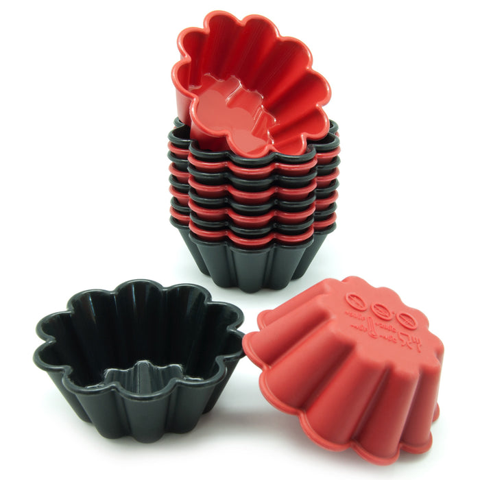 12-Pack Silicone Flower Reusable Baking Cup, Black and Red Colors