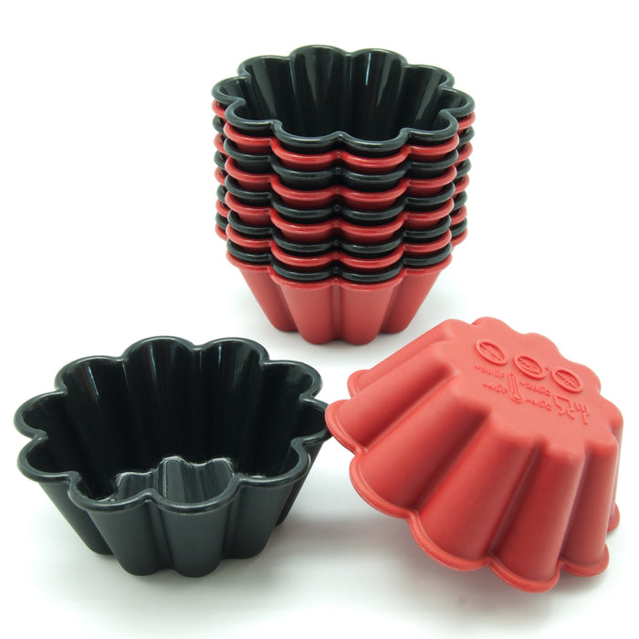 12-Pack Silicone Flower Reusable Baking Cup, Black and Red Colors