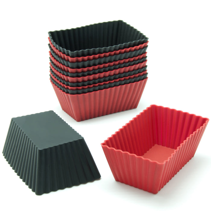 12-Pack Silicone Mini Rectangle Reusable Baking Cup, Black and Red Colors