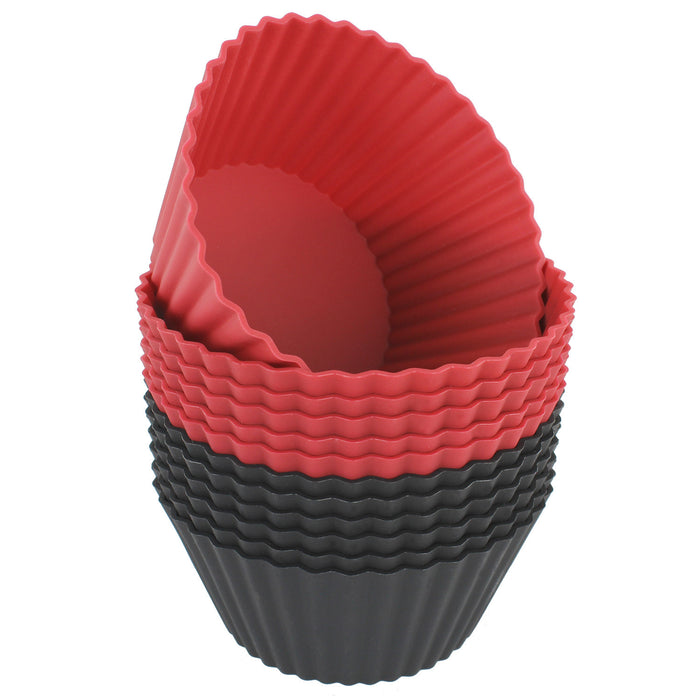 12-Pack Silicone Jumbo Round Reusable Cupcake and Muffin Baking Cup, Black and Red Colors