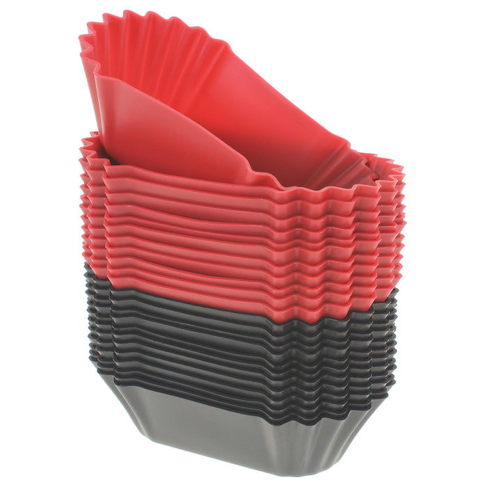 24-Pack Silicone Jumbo Rectangle Round Reusable Cupcake and Muffin Baking Cup, Black and Red Colors