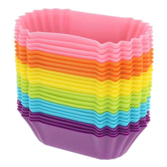 24-Pack Silicone Jumbo Rectangle Round Reusable Cupcake and Muffin Baking Cup, Six Vibrant Colors