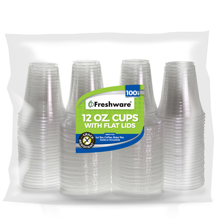Freshware Clear Plastic Cups with Flat Lids (12oz, 100 Sets)
