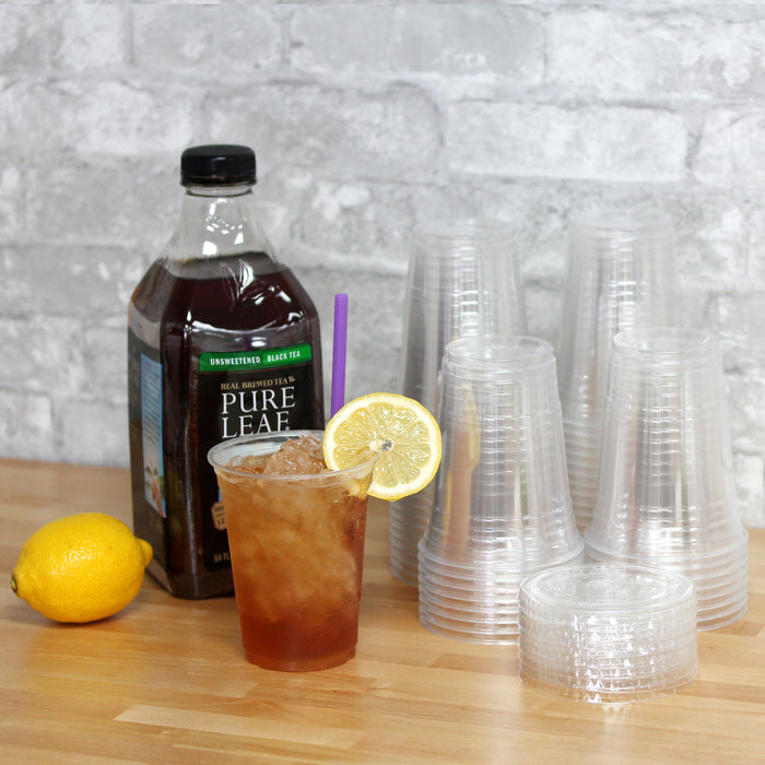Freshware Clear Plastic Cups with Flat Lids (16oz, 100 Sets)