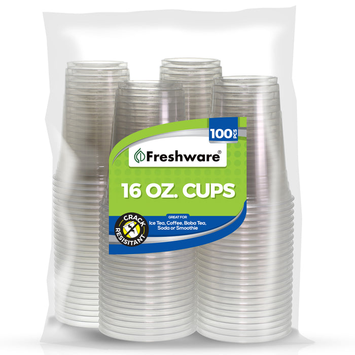 Freshware Plastic Clear Cup (16oz, 100 Pieces)