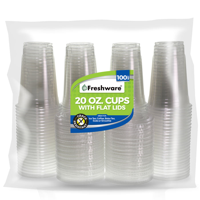 Freshware Clear Plastic Cups with Flat Lids (20oz, 100 Sets)