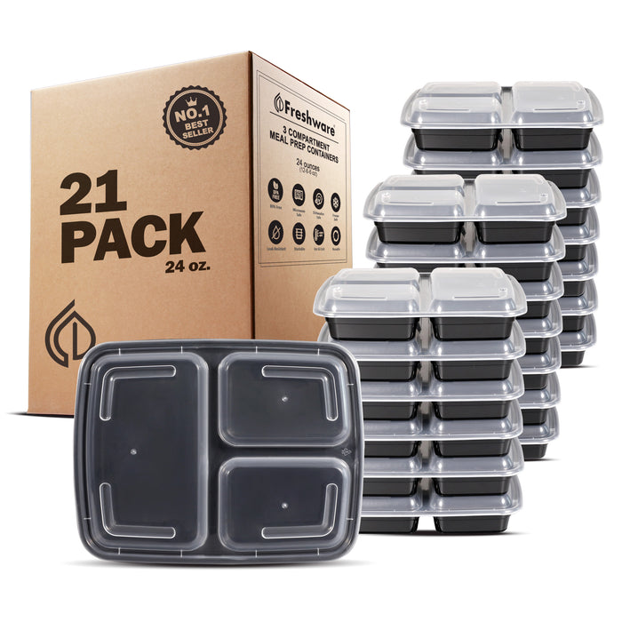 Freshware 24oz PP Plastic Rectangular Food Containers with Lids, 3-Compartment