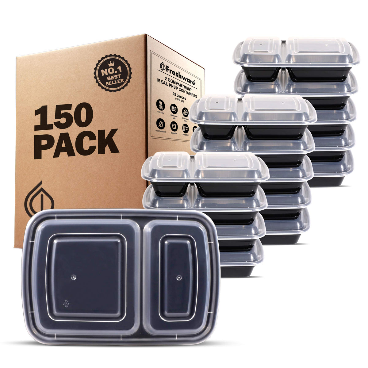 NEEBAKE 60 Sets 32oz Meal Prep Containers 2 Compartment - Plastic Food  Storage Containers 2 Compartments with Lids