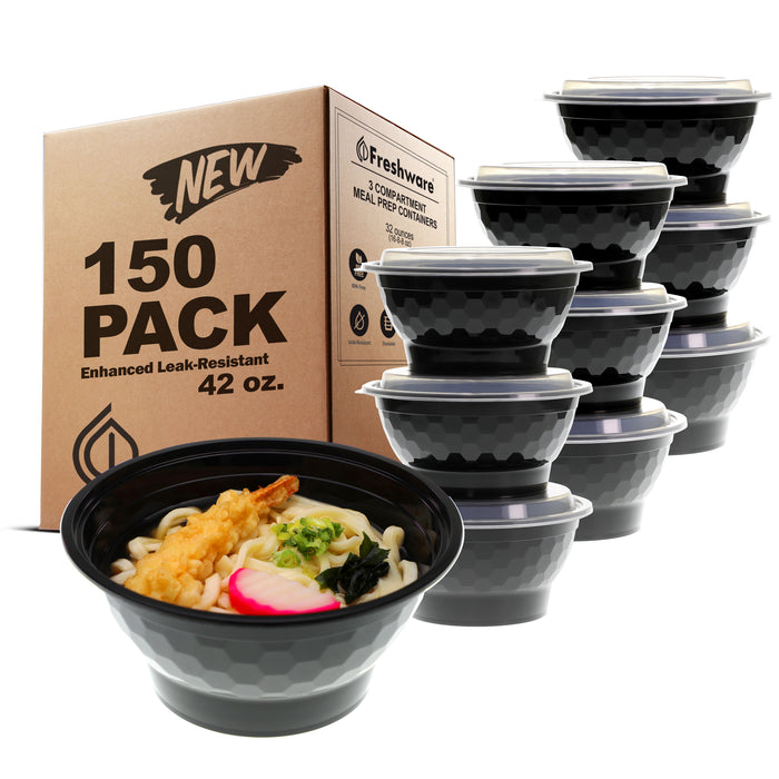 Freshware 28oz or 42 oz PP Plastic Microwavable Round Food Containers with Lids, 1-Compartment, 30 Pack or 150 Pack
